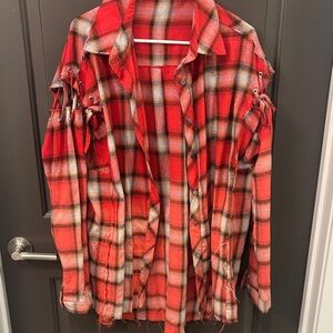 POL Red Plaid Distressed Shirt